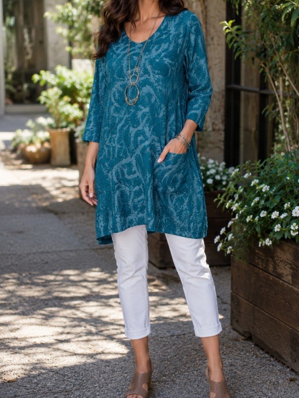 NWT Pont Neuf Teal Textured Jacquard Tunic Top V-Neck 3/4 Sleeve Pocketed